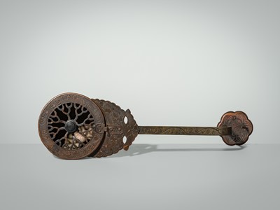 A BRONZE AND COPPER ‘LOTUS’ EKORO (LONG-HANDLED CENSER), NANBOKUCHO PERIOD