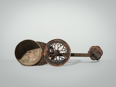 A BRONZE AND COPPER ‘LOTUS’ EKORO (LONG-HANDLED CENSER), NANBOKUCHO PERIOD