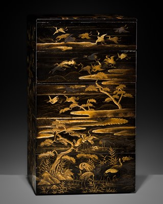 Lot 276 - AN EARLY AND EXCEPTIONALLY LARGE (56 CM) LACQUER FIVE-TIERED JUBAKO (TIERED BOX) DEPICTING ONE THOUSAND CRANES (SENBA-ZURU)