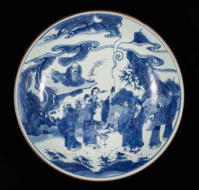 Lot 154 - A LARGE BLUE AND WHITE ‘DAOIST IMMORTALS’ DISH, SHUNZHI PERIOD