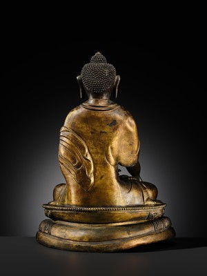 Lot 85 - A GILT-BRONZE REPOUSSÉ FIGURE OF THE CONTEMPLATING WISDOM BUDDHA, GUAN CHA HUI FO, QIANLONG INCISED SEVEN-CHARACTER MARK AND PERIOD