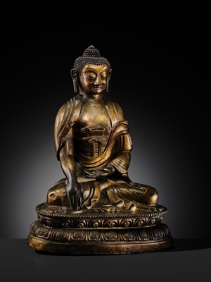 Lot 85 - A GILT-BRONZE REPOUSSÉ FIGURE OF THE CONTEMPLATING WISDOM BUDDHA, GUAN CHA HUI FO, QIANLONG INCISED SEVEN-CHARACTER MARK AND PERIOD