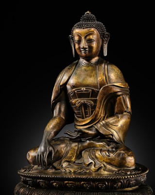 Lot 85 - A GILT-BRONZE REPOUSSÉ FIGURE OF THE CONTEMPLATING WISDOM BUDDHA, GUAN CHA HUI FO, QIANLONG INCISED SEVEN-CHARACTER MARK AND PERIOD