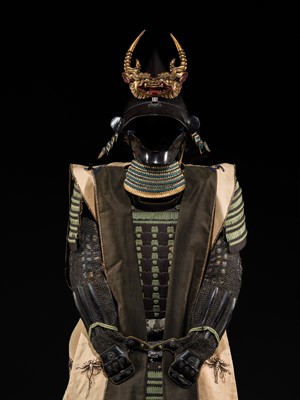 Lot 110 - A NIMAI OKEGAWA DO GUSOKU (TWO-PIECE ARMOR) WITH AN EBOSHI KABUTO WITH A SUPERB ONI MAEDATE