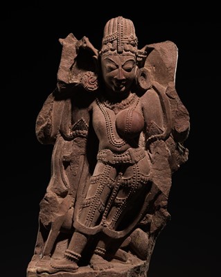 Lot 613 - A SUPERB RED SANDSTONE STELE OF ARDHANARISHVARA, MADHYA PRADESH, 10TH-11TH CENTURY