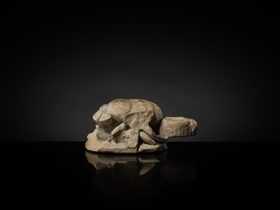 Lot 32 - AN INDURATED LIMESTONE FIGURE OF A WINGED SCARAB, KHEPRI, MIDDLE KINGDOM TO LATE PERIOD