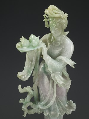 Lot 107 - A ‘SANDUO’ LAVENDER JADEITE FIGURE OF A MEIREN, LATE QING TO REPUBLIC