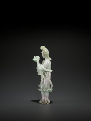 Lot 107 - A ‘SANDUO’ LAVENDER JADEITE FIGURE OF A MEIREN, LATE QING TO REPUBLIC