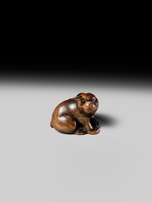 Lot 116 - A CHARMING WOOD NETSUKE OF A HARE