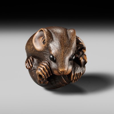 Lot 205 - MASANAO: A FINE WOOD NETSUKE OF A COILED RAT
