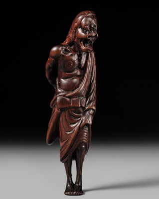 Lot 86 - A VERY RARE AND SUPERB WOOD NETSUKE OF THE WITCH OF ADACHIGAHARA