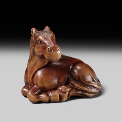 Lot 175 - MASANAO: A FINE WOOD NETSUKE OF A HORSE