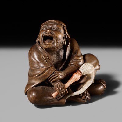 Lot 281 - GYOKUSO: A SUPERB SO-SCHOOL INLAID WOOD NETSUKE OF DARUMA