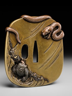 Lot 53 - ICHIRYU TOMOTOSHI: A SUPERB AND LARGE MITO SCHOOL SENTOKU TSUBA WITH SNAKE AND MONKEY