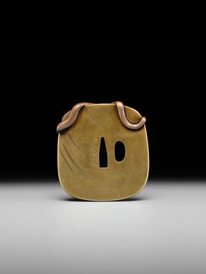 Lot 53 - ICHIRYU TOMOTOSHI: A SUPERB AND LARGE MITO SCHOOL SENTOKU TSUBA WITH SNAKE AND MONKEY