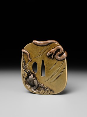 Lot 53 - ICHIRYU TOMOTOSHI: A SUPERB AND LARGE MITO SCHOOL SENTOKU TSUBA WITH SNAKE AND MONKEY