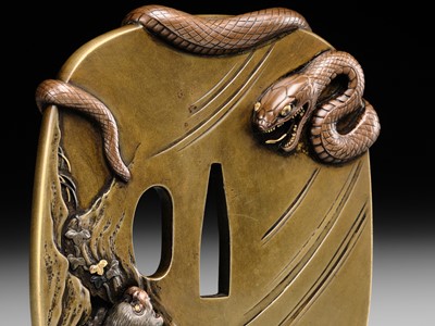 Lot 53 - ICHIRYU TOMOTOSHI: A SUPERB AND LARGE MITO SCHOOL SENTOKU TSUBA WITH SNAKE AND MONKEY