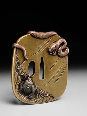 Lot 53 - ICHIRYU TOMOTOSHI: A SUPERB AND LARGE MITO SCHOOL SENTOKU TSUBA WITH SNAKE AND MONKEY