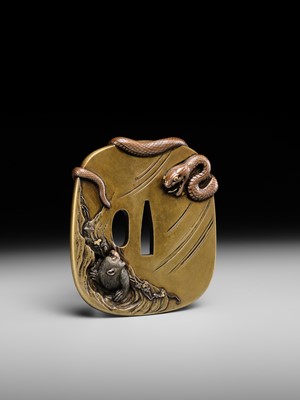 Lot 53 - ICHIRYU TOMOTOSHI: A SUPERB AND LARGE MITO SCHOOL SENTOKU TSUBA WITH SNAKE AND MONKEY