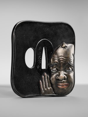 Lot 83 - INOUE MOTOTSUNE: A SUPERB AND LARGE SHAKUDO TSUBA DEPICTING A MAN AND FLY