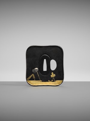 Lot 83 - INOUE MOTOTSUNE: A SUPERB AND LARGE SHAKUDO TSUBA DEPICTING A MAN AND FLY