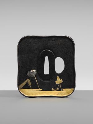 Lot 83 - INOUE MOTOTSUNE: A SUPERB AND LARGE SHAKUDO TSUBA DEPICTING A MAN AND FLY