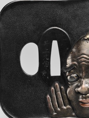 Lot 83 - INOUE MOTOTSUNE: A SUPERB AND LARGE SHAKUDO TSUBA DEPICTING A MAN AND FLY