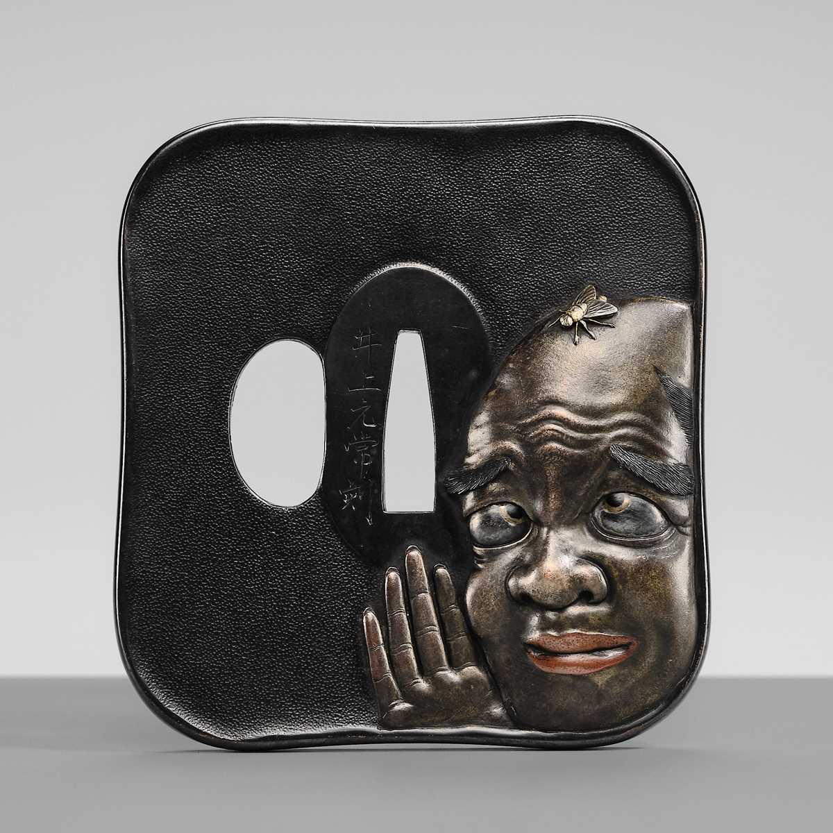 Lot 83 - INOUE MOTOTSUNE: A SUPERB AND LARGE SHAKUDO TSUBA DEPICTING A MAN AND FLY