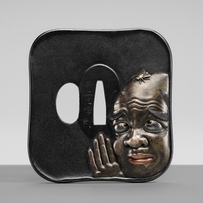 Lot 83 - INOUE MOTOTSUNE: A SUPERB AND LARGE SHAKUDO TSUBA DEPICTING A MAN AND FLY