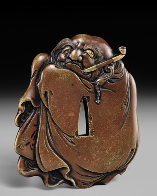 Lot 82 - YASUCHIKA: A SUPERB SENTOKU TSUBA IN THE FORM OF DARUMA SMOKING A KISERU (PIPE)