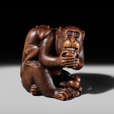 Lot 198 - MASANAO: A LARGE WOOD NETSUKE OF TWO MONKEYS