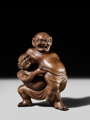 Lot 129 - MASAKAZU: A WOOD NETSUKE OF TWO SUMO WRESTLERS