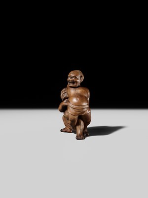 Lot 129 - MASAKAZU: A WOOD NETSUKE OF TWO SUMO WRESTLERS