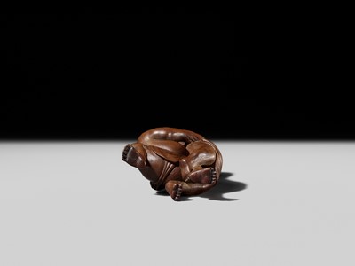 Lot 129 - MASAKAZU: A WOOD NETSUKE OF TWO SUMO WRESTLERS