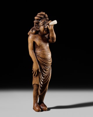 Lot 237 - SHUGETSU: A SUPERB WOOD NETSUKE OF A FOREIGNER LOOKING THROUGH A TELESCOPE