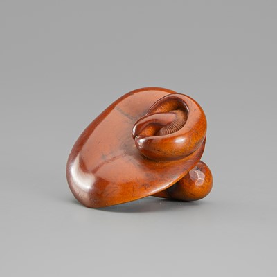 A WOOD NETSUKE DEPICTING A GROUP OF TWO MUSHROOMS