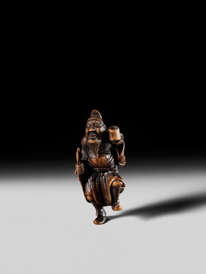 Lot 132 - HIDEMASA: A WOOD NETSUKE OF A CHORYO (ZHANG LIANG)