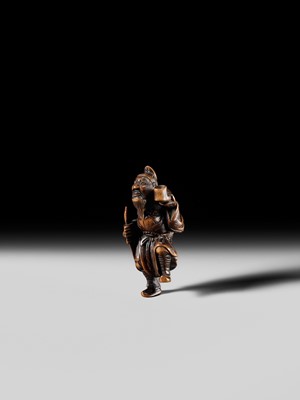 Lot 132 - HIDEMASA: A WOOD NETSUKE OF A CHORYO (ZHANG LIANG)