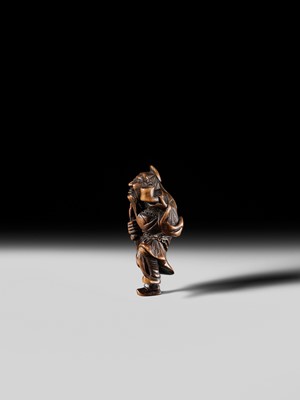 Lot 132 - HIDEMASA: A WOOD NETSUKE OF A CHORYO (ZHANG LIANG)