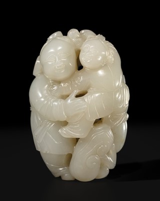 Lot 448 - A WHITE JADE CARVING OF TWO BOYS, 18TH-19TH CENTURY