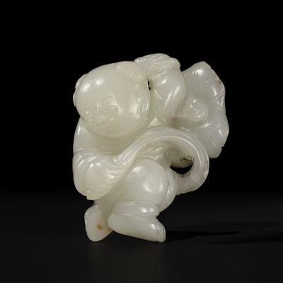 Lot 447 - A WHITE JADE FIGURE OF A BOY HOLDING A LOTUS LEAF, 18TH-19TH CENTURY