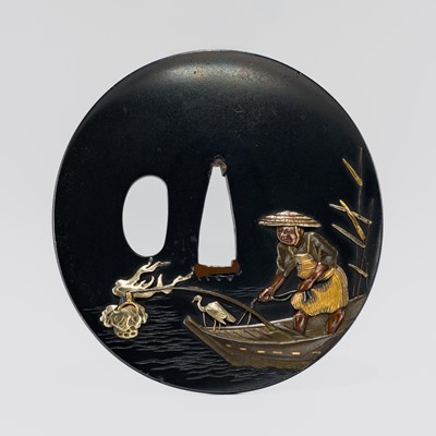 Lot 571 - OMORI HIDETOMO: A FINE OMORI SCHOOL SHAKUDO ‘CORMORANT FISHERMAN’ TSUBA