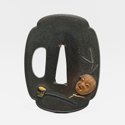 A FINE SMALL SHIBUICHI TSUBA WITH SHOJO MASK AND SAKE JAR