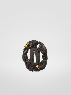 Lot 63 - TAKESHIGE: AN IRON SUKASHI TSUBA WITH FIVE MONKEYS IN A PEACH TREE
