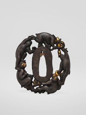 Lot 63 - TAKESHIGE: AN IRON SUKASHI TSUBA WITH FIVE MONKEYS IN A PEACH TREE