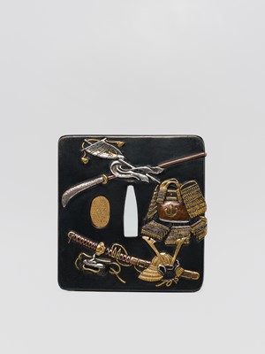 Lot 568 - HAMANO NAOYUKI: A FINE AND RARE SHAKUDO TSUBA WITH PARTS OF A SUIT OF ARMOR (YOROI), DATED 1795