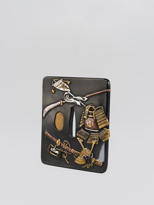 Lot 568 - HAMANO NAOYUKI: A FINE AND RARE SHAKUDO TSUBA WITH PARTS OF A SUIT OF ARMOR (YOROI), DATED 1795