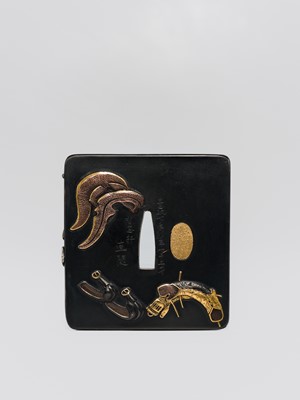 Lot 568 - HAMANO NAOYUKI: A FINE AND RARE SHAKUDO TSUBA WITH PARTS OF A SUIT OF ARMOR (YOROI), DATED 1795