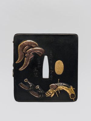 Lot 568 - HAMANO NAOYUKI: A FINE AND RARE SHAKUDO TSUBA WITH PARTS OF A SUIT OF ARMOR (YOROI), DATED 1795