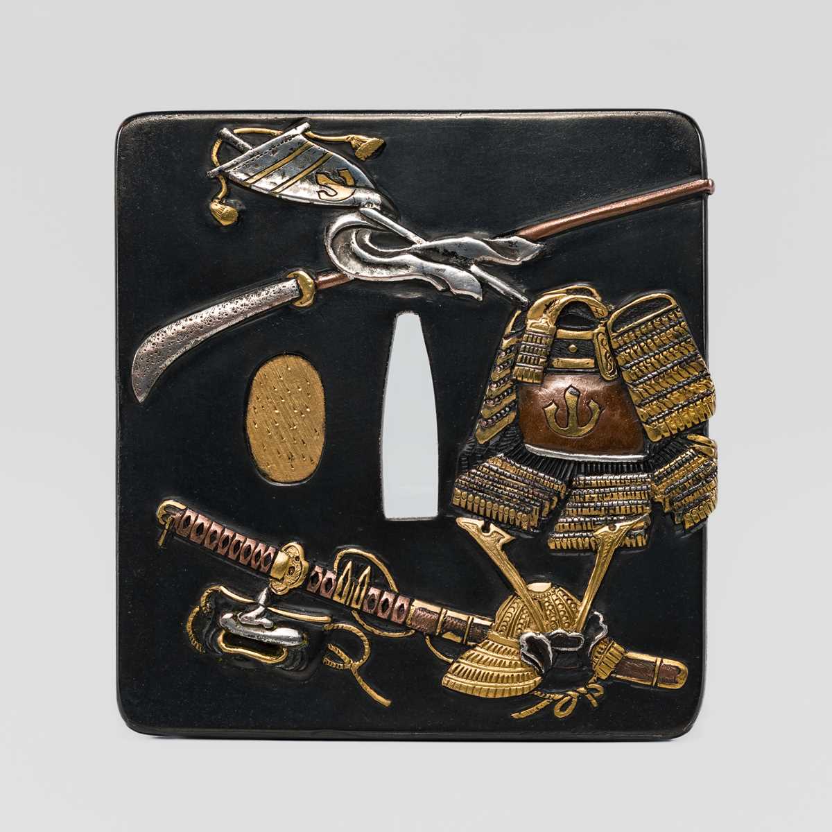 Lot 568 - HAMANO NAOYUKI: A FINE AND RARE SHAKUDO TSUBA WITH PARTS OF A SUIT OF ARMOR (YOROI), DATED 1795